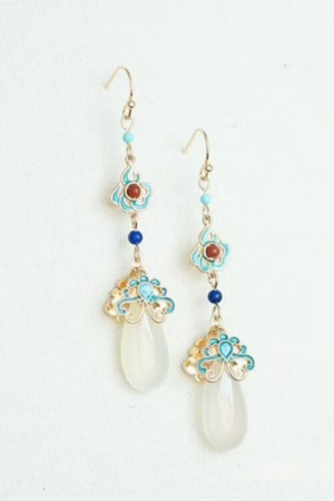 cloisonne enamel white jade drop dangle earrings, chinese vintage ornament