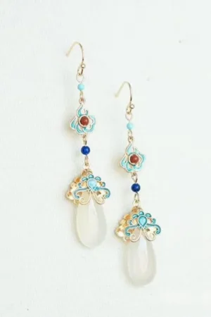 cloisonne enamel white jade drop dangle earrings, chinese vintage ornament
