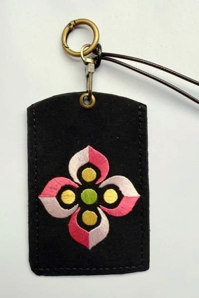 Yunnan Yi Embroidery Leather Key Pouch Handmade Yi ethnic embroidery pendant, Chinese heritage craft ornament