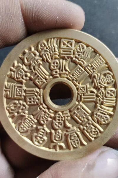 Fu Shou Coin Vintage brass craft coin engraved with 24 variant Shou seal characters, hollow center antique style replica ornament, embossed Chinese longevity character metal token for collection and decoration